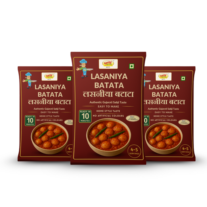 Surtimix Lasaniya Batata Gujarati sabji Gravy Masala – लहसुणिया बटाटा गुजराती सब्जी ग्रेवी मसाला – Spicy & Garlicky Gujarati Flavor |Pack Of 3|