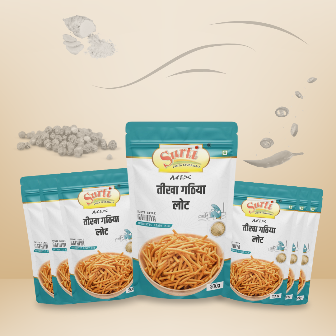 Surtimix Tikha Gathiya Atta – तीखा गाठिया आटा – Spicy & Crispy Gujarati Snack Mix, 200g (3 Packs) | 500g (3 Packs) | 1kg (1 Pack)