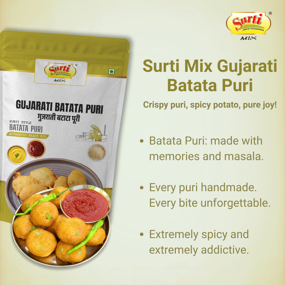 Surtimix Gujarati Batata Puri – गुजराती बटाटा पूरी – Crispy & Flavorful Snack, 250g (3 Packs) | 500g (3 Packs) | 1kg (1 Pack)