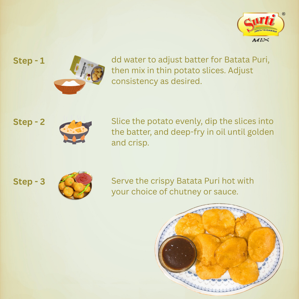 Surtimix Gujarati Batata Puri – गुजराती बटाटा पूरी – Crispy & Flavorful Snack, 250g (3 Packs) | 500g (3 Packs) | 1kg (1 Pack)