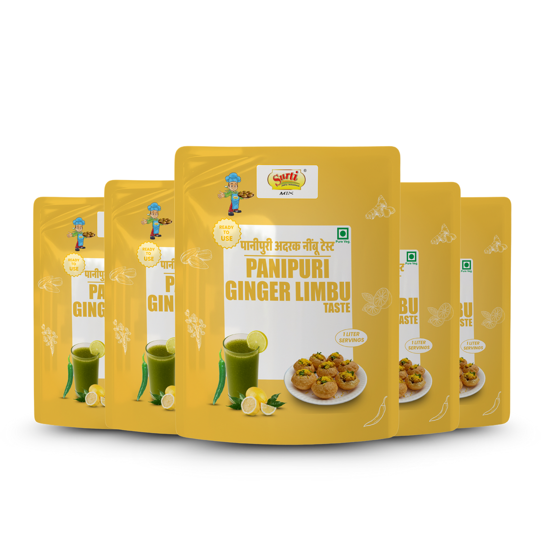 Surtimix PaniPuri | Gol Gappa Paste | Puchka | Pakodi | Pani Patasha | Water Balls Paste Ginger Limbu – सुरतीमिक्स पानीपुरी गोलगप्पे अदरक नींबू – Tangy & Refreshing Lemon-Flavored Pani Mix |Pack Of 5|