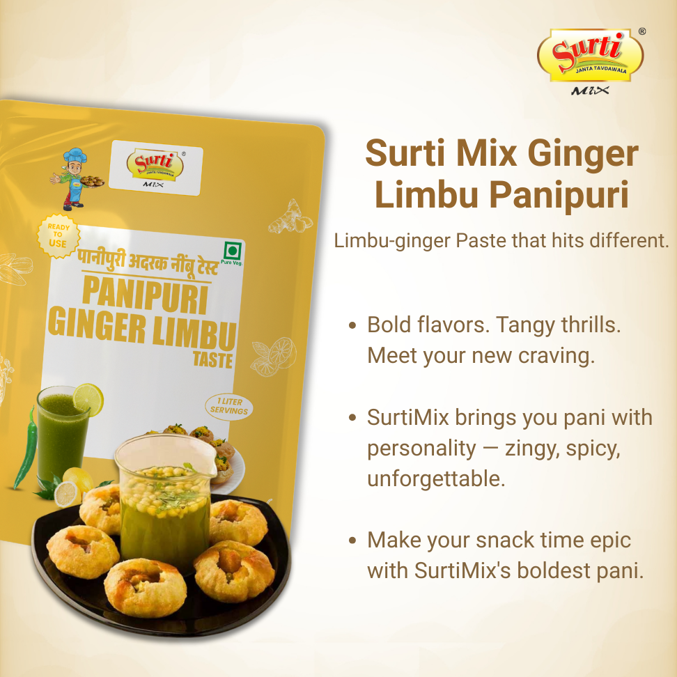 Surtimix PaniPuri | Gol Gappa Paste | Puchka | Pakodi | Pani Patasha | Water Balls Paste Ginger Limbu – सुरतीमिक्स पानीपुरी गोलगप्पे अदरक नींबू – Tangy & Refreshing Lemon-Flavored Pani Mix |Pack Of 5|